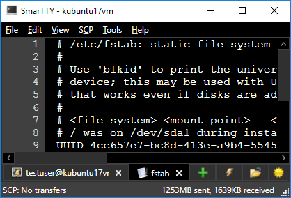 SmarTTY remote file editor showing a configuration file open in its own tab