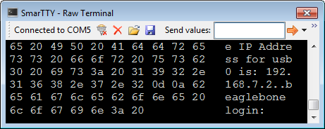 SmarTTY hex terminal showing incoming bytes in ASCII and hexadecimal side-by-side columns