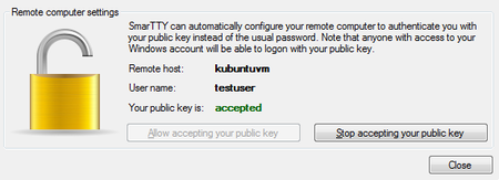 SmarTTY public-key authentication setup dialog showing key generation and deployment controls