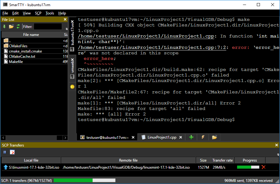 SmarTTY SSH client showing a tabbed terminal session with the Smart Terminal file browser panel